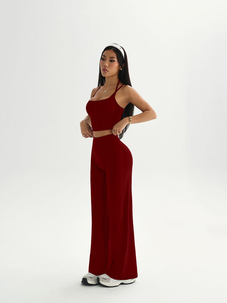 SHEIN Sovereign Charm Solid Color Cropped Camisole & Pants Sports Set - Burgundy - View 5