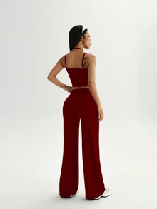 SHEIN Sovereign Charm Solid Color Cropped Camisole & Pants Sports Set - Burgundy - View 3