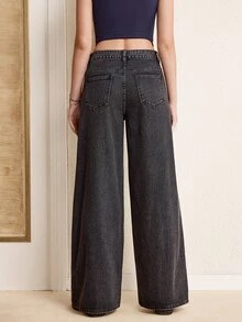 LOONEY TUNES X SHEIN Celana Jeans Denim Kasual Wanita Model Longgar dan Lebar dengan Motif Bintang dan Saku - Grey - View 2