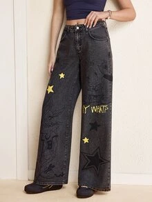 LOONEY TUNES X SHEIN Celana Jeans Denim Kasual Wanita Model Longgar dan Lebar dengan Motif Bintang dan Saku - Grey - View 5