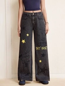LOONEY TUNES X SHEIN Celana Jeans Denim Kasual Wanita Model Longgar dan Lebar dengan Motif Bintang dan Saku - Grey - View 3