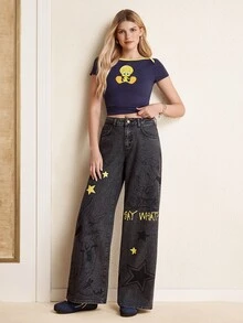 LOONEY TUNES X SHEIN Celana Jeans Denim Kasual Wanita Model Longgar dan Lebar dengan Motif Bintang dan Saku - Grey - View 1