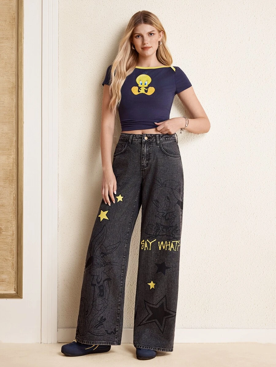 LOONEY TUNES X SHEIN Celana Jeans Denim Kasual Wanita Model Longgar dan Lebar dengan Motif Bintang dan Saku - Grey - View 1