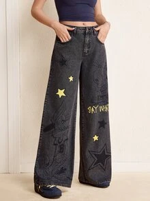 LOONEY TUNES X SHEIN Celana Jeans Denim Kasual Wanita Model Longgar dan Lebar dengan Motif Bintang dan Saku - Grey - View 4