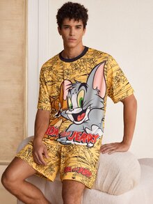 TOM & JERRY X SHEIN Men's Comfortable Cartoon Print Short Sleeve Top And Shorts Loungewear Set - Yellow - View 3