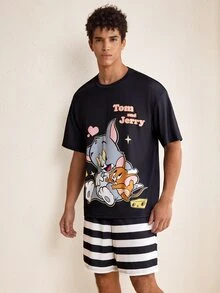 TOM & JERRY X SHEIN Men's Comfortable Cartoon Print Short Sleeve Top And Striped Shorts Loungewear Set - Black - View 3