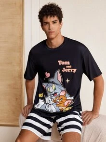 TOM & JERRY X SHEIN Men's Comfortable Cartoon Print Short Sleeve Top And Striped Shorts Loungewear Set - Black - View 1