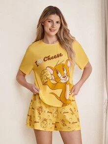 TOM & JERRY X SHEIN 女款字母卡通印花短袖T恤與短褲睡衣套裝 - 黃色 - 查看 4