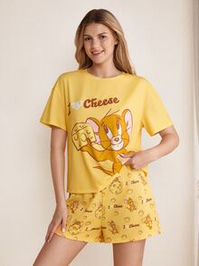TOM & JERRY X SHEIN 女款字母卡通印花短袖T恤與短褲睡衣套裝 - 黃色 - 查看 3