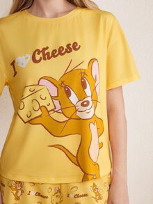 TOM & JERRY X SHEIN 女款字母卡通印花短袖T恤與短褲睡衣套裝 - 黃色 - 查看 6