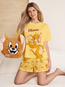 TOM & JERRY X SHEIN 女款字母卡通印花短袖T恤與短褲睡衣套裝 - 黃色 - 查看 5