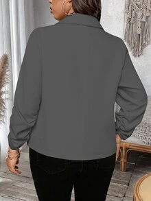 SHEIN LUNE Plus Size Women's Commuter Waist-Defining Cropped Versatile Thin Jacket - Grey - View 3