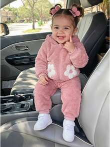 SHEIN Baby Girl Winter Pink Floral Long Sleeve Comfortable Fuzzy Zip-Up Cardigan Jacket, Versatile Fashionable Stylish Outerwear For Home Or Outdoor Activities - Pink - View 1