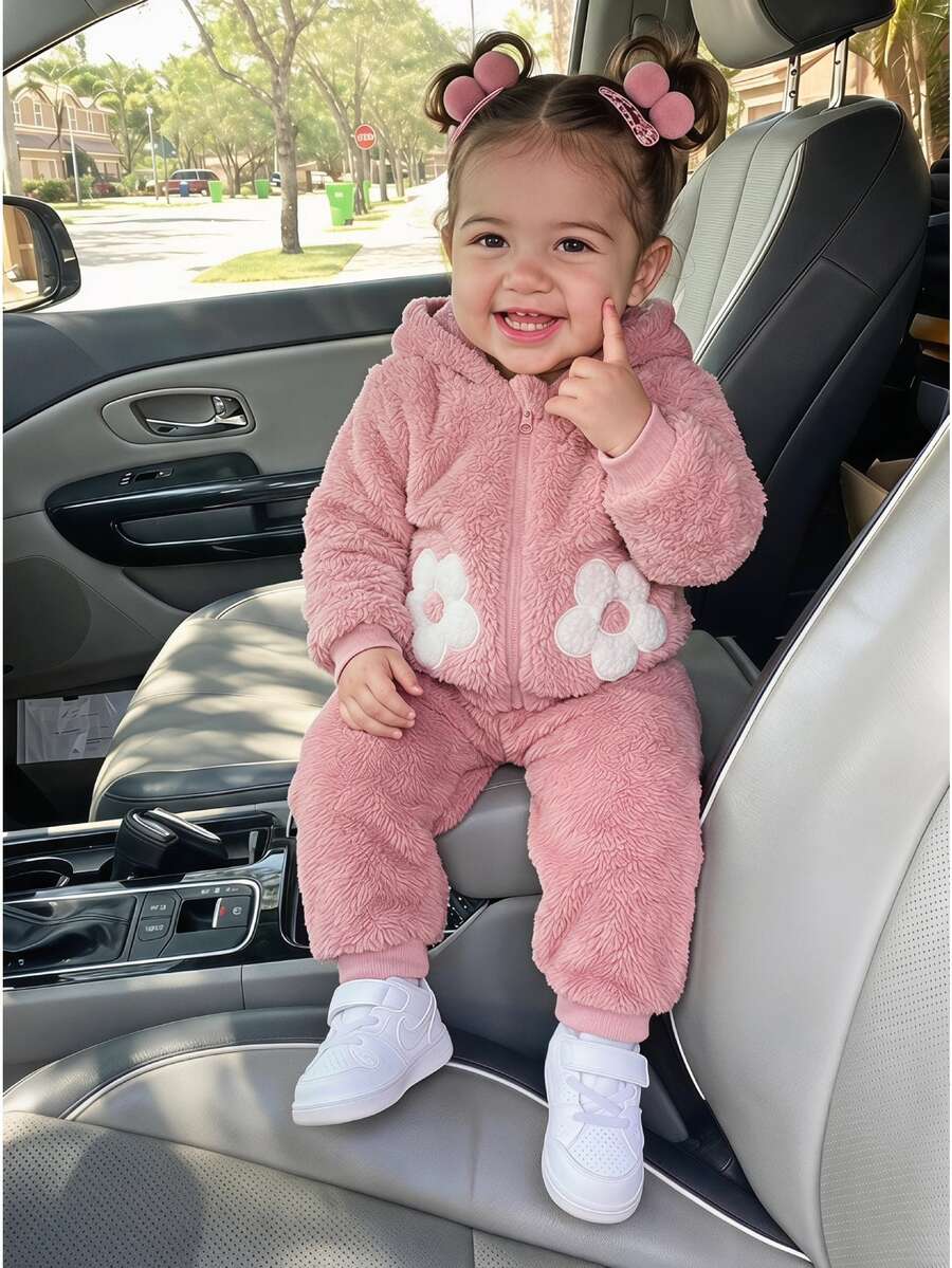 SHEIN Baby Girl Winter Pink Floral Long Sleeve Comfortable Fuzzy Zip-Up Cardigan Jacket, Versatile Fashionable Stylish Outerwear For Home Or Outdoor Activities - Pink - View 1