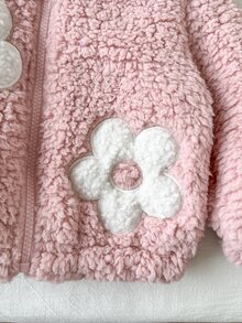 SHEIN Baby Girl Winter Pink Floral Long Sleeve Comfortable Fuzzy Zip-Up Cardigan Jacket, Versatile Fashionable Stylish Outerwear For Home Or Outdoor Activities - Pink - View 6