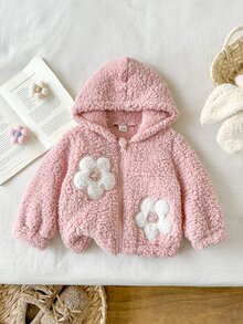SHEIN Baby Girl Winter Pink Floral Long Sleeve Comfortable Fuzzy Zip-Up Cardigan Jacket, Versatile Fashionable Stylish Outerwear For Home Or Outdoor Activities - Pink - View 10
