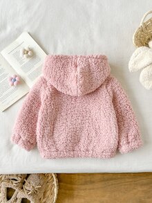 SHEIN Baby Girl Winter Pink Floral Long Sleeve Comfortable Fuzzy Zip-Up Cardigan Jacket, Versatile Fashionable Stylish Outerwear For Home Or Outdoor Activities - Pink - View 2