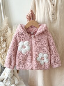 SHEIN Baby Girl Winter Pink Floral Long Sleeve Comfortable Fuzzy Zip-Up Cardigan Jacket, Versatile Fashionable Stylish Outerwear For Home Or Outdoor Activities - Pink - View 4