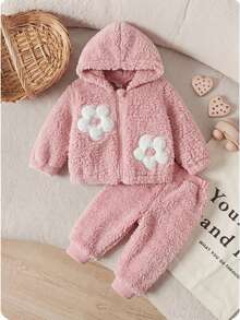 SHEIN Baby Girl Winter Pink Floral Long Sleeve Comfortable Fuzzy Zip-Up Cardigan Jacket, Versatile Fashionable Stylish Outerwear For Home Or Outdoor Activities - Pink - View 3