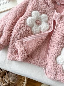 SHEIN Baby Girl Winter Pink Floral Long Sleeve Comfortable Fuzzy Zip-Up Cardigan Jacket, Versatile Fashionable Stylish Outerwear For Home Or Outdoor Activities - Pink - View 9