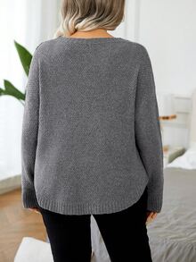 Elenzga Plus Size Women's Solid Color Crew Neck Long Sleeve Casual Pullover Sweater - Dark Grey - View 2