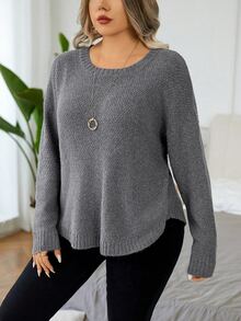 Elenzga Plus Size Women's Solid Color Crew Neck Long Sleeve Casual Pullover Sweater - Dark Grey - View 5