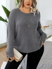 Elenzga Plus Size Women's Solid Color Crew Neck Long Sleeve Casual Pullover Sweater - Dark Grey - View 4
