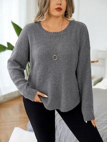 Elenzga Plus Size Women's Solid Color Crew Neck Long Sleeve Casual Pullover Sweater - Dark Grey - View 3