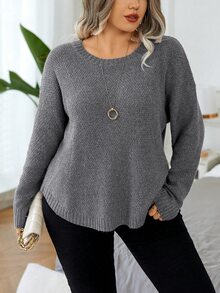 Elenzga Plus Size Women's Solid Color Crew Neck Long Sleeve Casual Pullover Sweater - Dark Grey - View 1