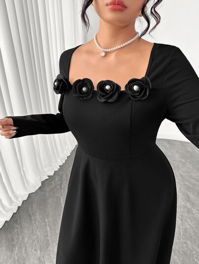 GlowEve CURVE Plus Floral Appliques Square Neck Dress