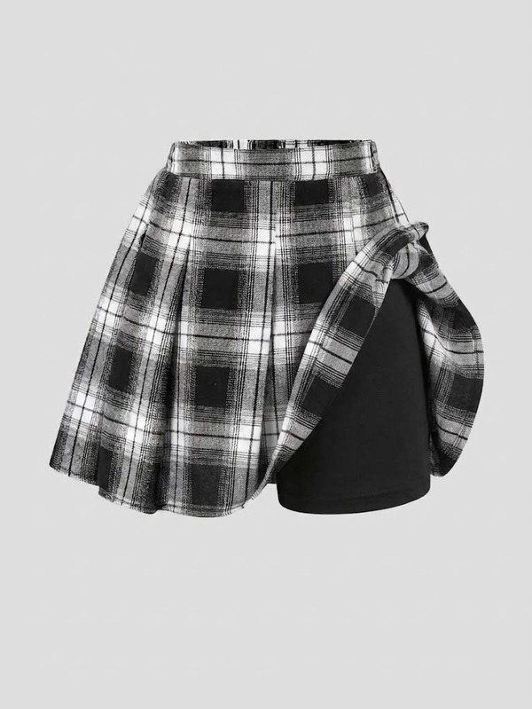 SHEIN Sparklyn Rok Lipit Pinggang Tinggi Anak Perempuan dengan Celana Pendek Terintegrasi, Rok Celana 2-in-1, Motif Kotak-kotak Hitam Putih, Musim Panas, Kasual, Sekolah, Kembali ke Sekolah, Serbaguna