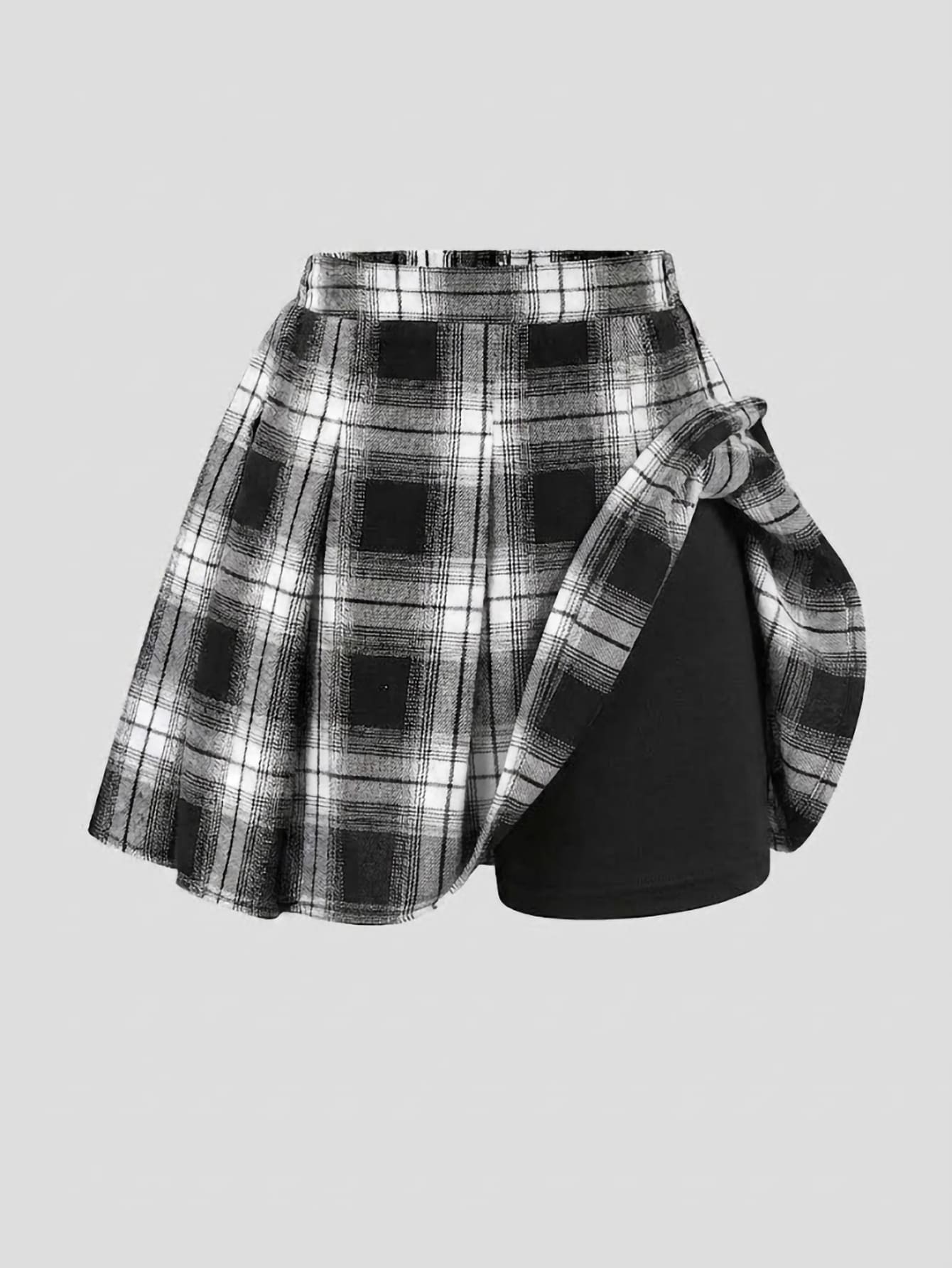 SHEIN 女童百褶高腰裙褲,內建短褲 2 合 1 裙褲,黑白格紋,夏季休閒校園開學百搭款 - 黑與白 - 查看 1