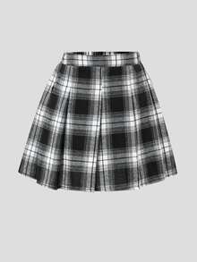 SHEIN 女童百褶高腰裙褲，內建短褲 2 合 1 裙褲，黑白格紋，夏季休閒校園開學百搭款 - 黑與白 - 查看 3
