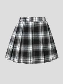 SHEIN 女童百褶高腰裙褲，內建短褲 2 合 1 裙褲，黑白格紋，夏季休閒校園開學百搭款 - 黑與白 - 查看 2