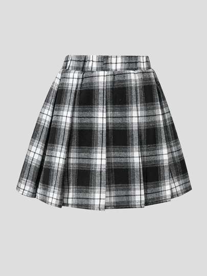 SHEIN Sparklyn Mädchen Faltenrock mit hoher Taille und integrierten Shorts, 2-in-1 Skort, schwarz-weiß kariert, Sommer, Lässig, Schule, Schulanfang, vielseitig