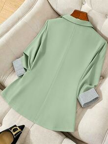 SHEIN PETITE CURVE 女款大尺碼拼接條紋時尚通勤西裝外套 - 綠色 - 查看 3