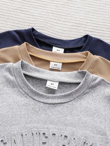 SHEIN 3件組字母壓紋圓領長袖T恤，精緻有意義的字母印花，活潑有趣，舒適柔軟面料，適合日常穿著、學校、運動等場合，時尚版型，秋冬新款，適合多季節與多場合 - 彩色 - 查看 6