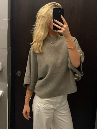 Siren Gaze Elegant Women's Solid Color Batwing Sleeve Boat Neck Knit Top, Casual Loose Fit, Suitable For Daily Wear