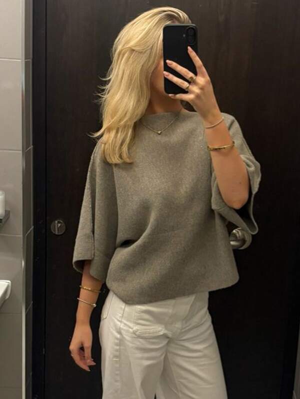 Siren Gaze Elegant Women's Solid Color Batwing Sleeve Boat Neck Knit Top, Casual Loose Fit, Suitable For Daily Wear