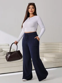 Solflare Plus Size Casual Soft Form Soft Form Smart Versatile Solid Color Knit Pants Vacation Office Vacation Formal Navy Blue Autumn - Navy Blue - View 6