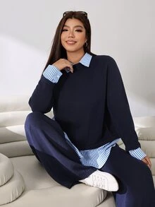 Solflare Plus Size Women's Navy Blue 2 In 1 Patchwork Casual Soft Form Daily Wear Office Formal Sweater School College Autumn Teachers' Day - Multicolor - View 6