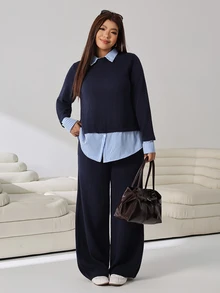 Solflare Plus Size Women's Navy Blue 2 In 1 Patchwork Casual Soft Form Daily Wear Office Formal Sweater School College Autumn Teachers' Day - Multicolor - View 5