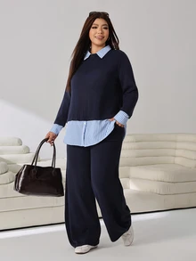 Solflare Plus Size Women's Navy Blue 2 In 1 Patchwork Casual Soft Form Daily Wear Office Formal Sweater School College Autumn Teachers' Day - Multicolor - View 4