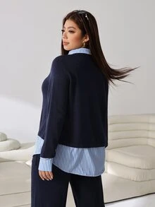 Solflare Plus Size Women's Navy Blue 2 In 1 Patchwork Casual Soft Form Daily Wear Office Formal Sweater School College Autumn Teachers' Day - Multicolor - View 2
