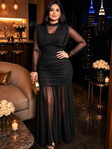 Auvina Women's Plus Size Autumn/Winter New Fashion Elegant Long Sleeve Design Ruched Mesh Waist Cinched Elegant Dress Fall - Black - View 4