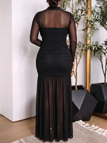 Auvina Women's Plus Size Autumn/Winter New Fashion Elegant Long Sleeve Design Ruched Mesh Waist Cinched Elegant Dress Fall - Black - View 2