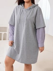 Solflare Plus Grey Print Drop Shoulder Drawstring Hooded 2 In 1 Dress Autumn Office Formal School College Tidur Casual Soft Form 90s Normal Fall - Grey - View 3