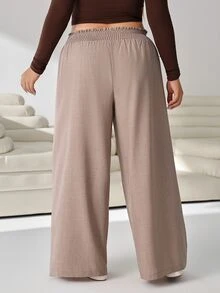 Solflare Plus Size Women Solid Color Casual Soft Form Modest Elegant Versatile Wide Leg Pants Autumn Brunch Formal Vacation Black Chocolate Brown - Camel - View 3