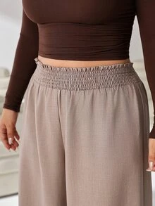 Solflare Plus Size Women Solid Color Casual Soft Form Modest Elegant Versatile Wide Leg Pants Autumn Brunch Formal Vacation Black Chocolate Brown - Camel - View 5