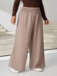 Solflare Plus Size Women Solid Color Casual Soft Form Modest Elegant Versatile Wide Leg Pants Autumn Brunch Formal Vacation Black Chocolate Brown - Camel - View 6